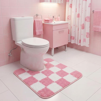 Pink Checkered Toilet Rug U Shaped Bath Mat 20" x 20" Non-Slip