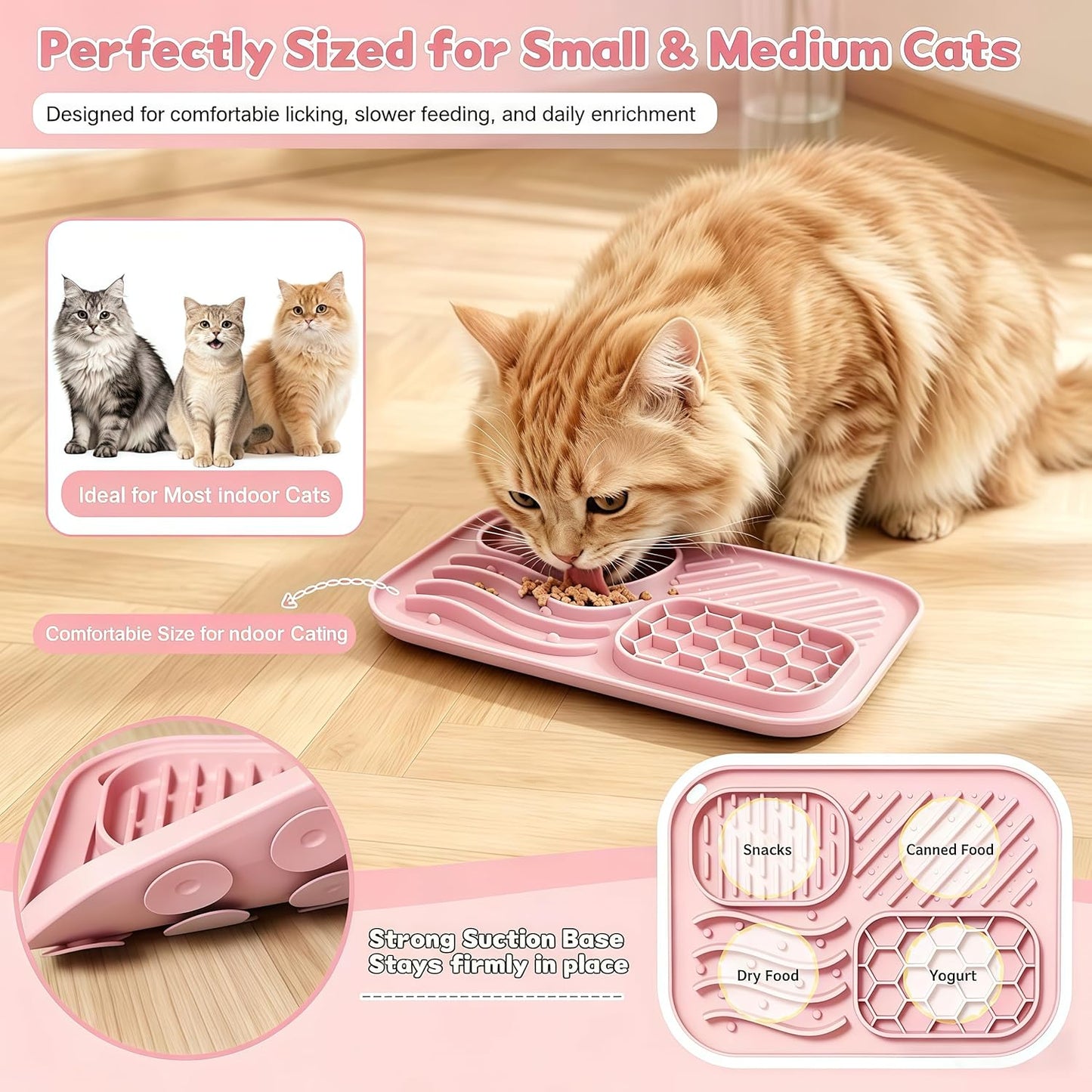 3-Piece Slow Feeder Cat Bowl Set, Silicone Cat Lick Mat, Cat Treat Dispenser & Food Spoon for Wet Food, Slow Eating & Daily Cat Enrichment (Pink)