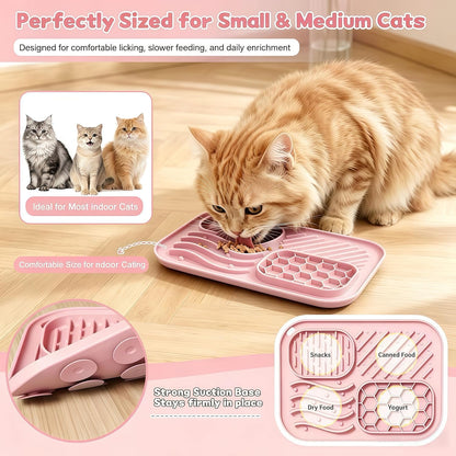 3-Piece Slow Feeder Cat Bowl Set, Silicone Cat Lick Mat, Cat Treat Dispenser & Food Spoon for Wet Food, Slow Eating & Daily Cat Enrichment (Pink)