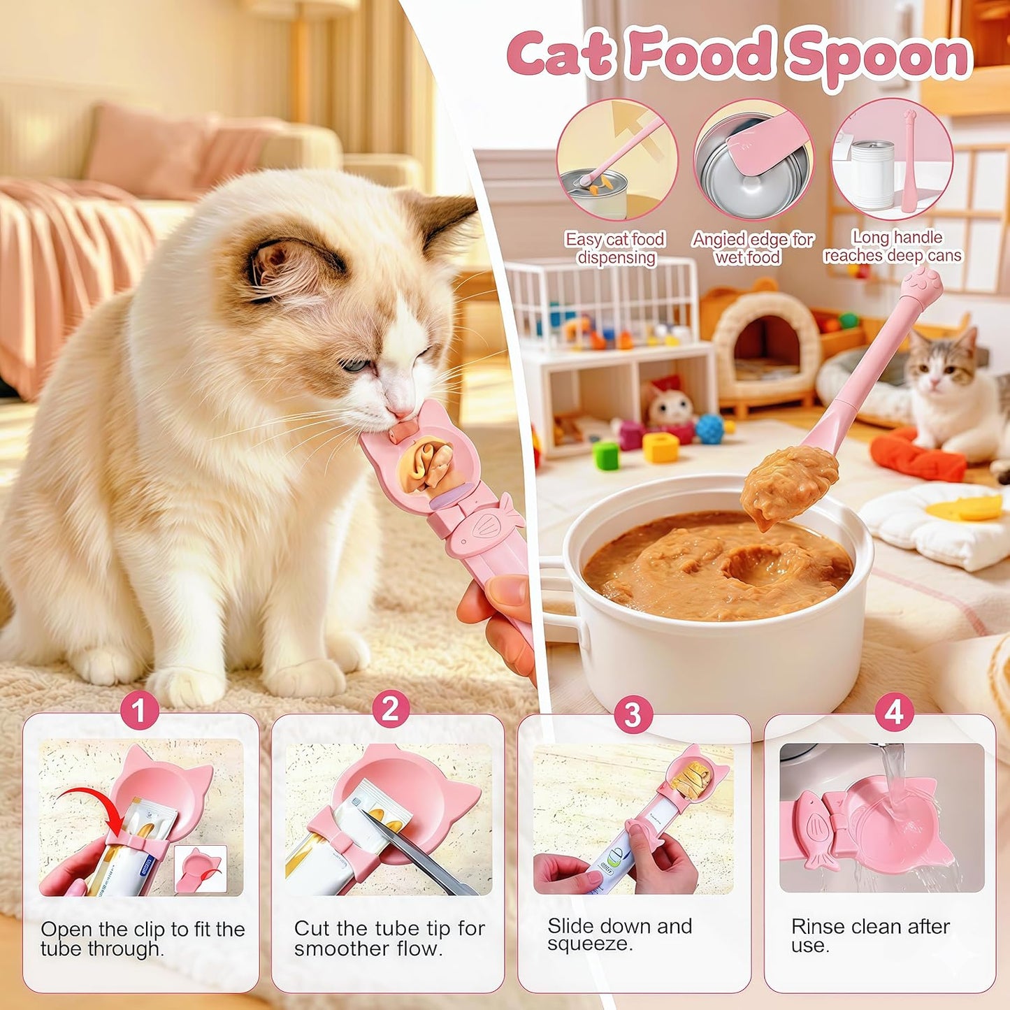 3-Piece Slow Feeder Cat Bowl Set, Silicone Cat Lick Mat, Cat Treat Dispenser & Food Spoon for Wet Food, Slow Eating & Daily Cat Enrichment (Pink)