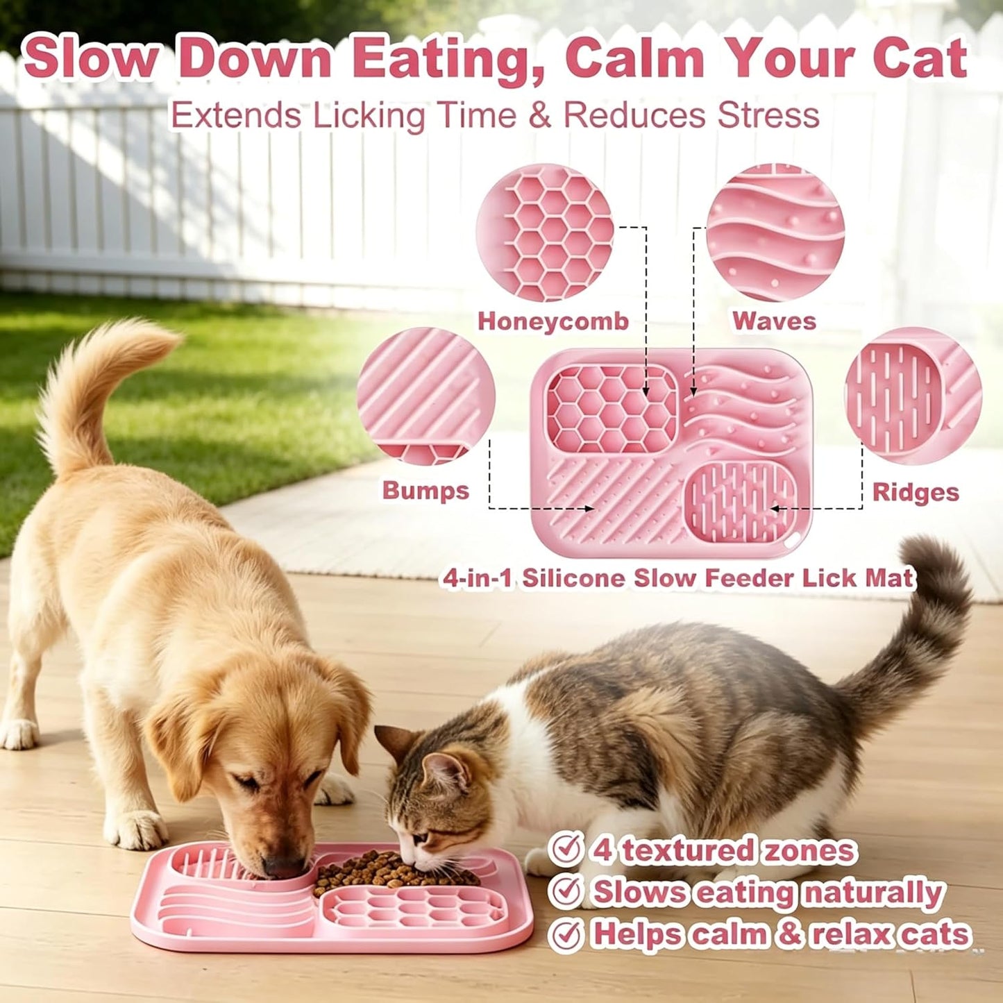 3-Piece Slow Feeder Cat Bowl Set, Silicone Cat Lick Mat, Cat Treat Dispenser & Food Spoon for Wet Food, Slow Eating & Daily Cat Enrichment (Pink)