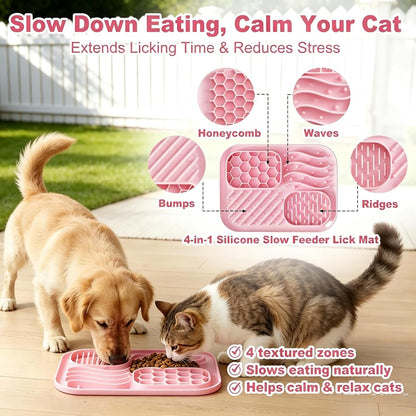 3-Piece Slow Feeder Cat Bowl Set, Silicone Cat Lick Mat, Cat Treat Dispenser & Food Spoon for Wet Food, Slow Eating & Daily Cat Enrichment (Pink)
