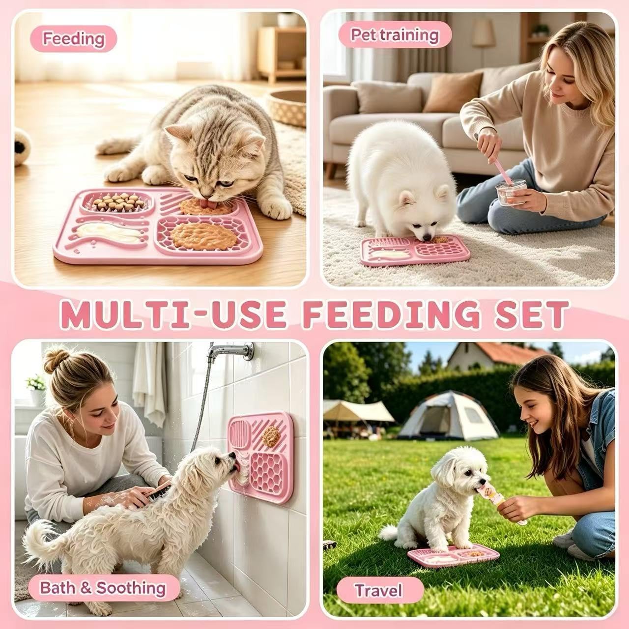 3-Piece Slow Feeder Cat Bowl Set, Silicone Cat Lick Mat, Cat Treat Dispenser & Food Spoon for Wet Food, Slow Eating & Daily Cat Enrichment (Pink)