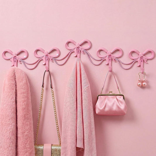 1 Set Bow Wall Hooks, 5 Hook Bow Style, Pink