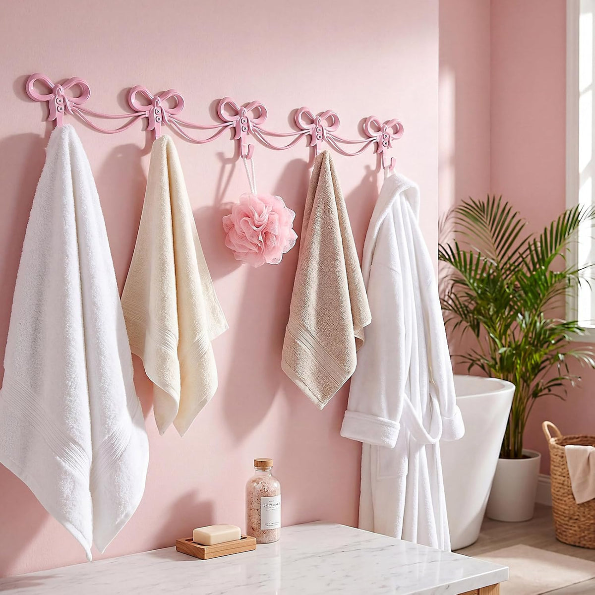 1 Set Bow Wall Hooks, 5 Hook Bow Style, Pink