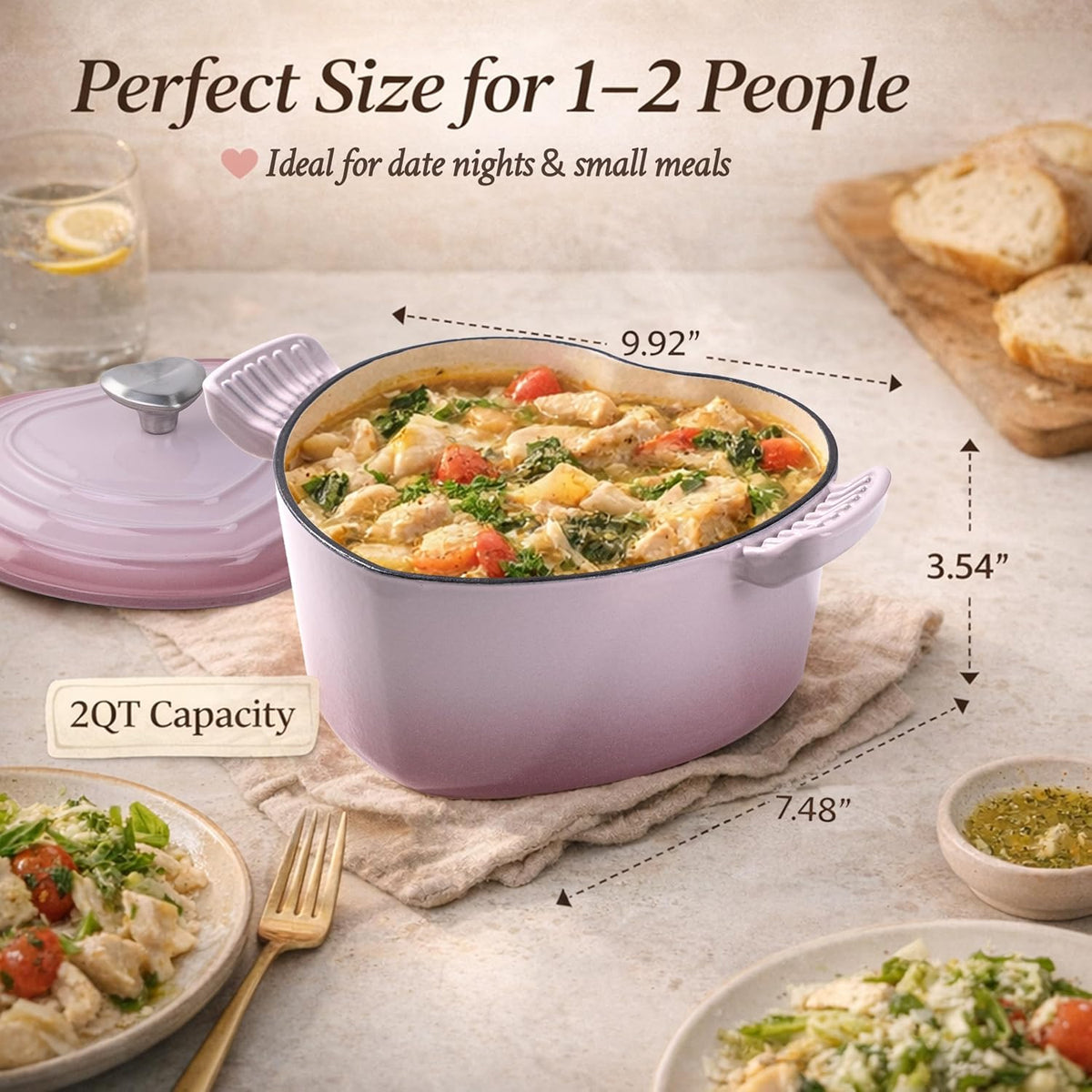 Heart Shaped Dutch Oven, Enameled Cast Iron, 2 Qt Pink