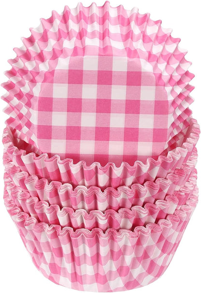 100 Count Cupcake Liners Cupcake Cups Standard Size Muffins Liners Papers Baking Cups Wrappers Greaseproof for Party Wedding, Pink Grid