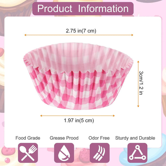100 Count Cupcake Liners Cupcake Cups Standard Size Muffins Liners Papers Baking Cups Wrappers Greaseproof for Party Wedding, Pink Grid