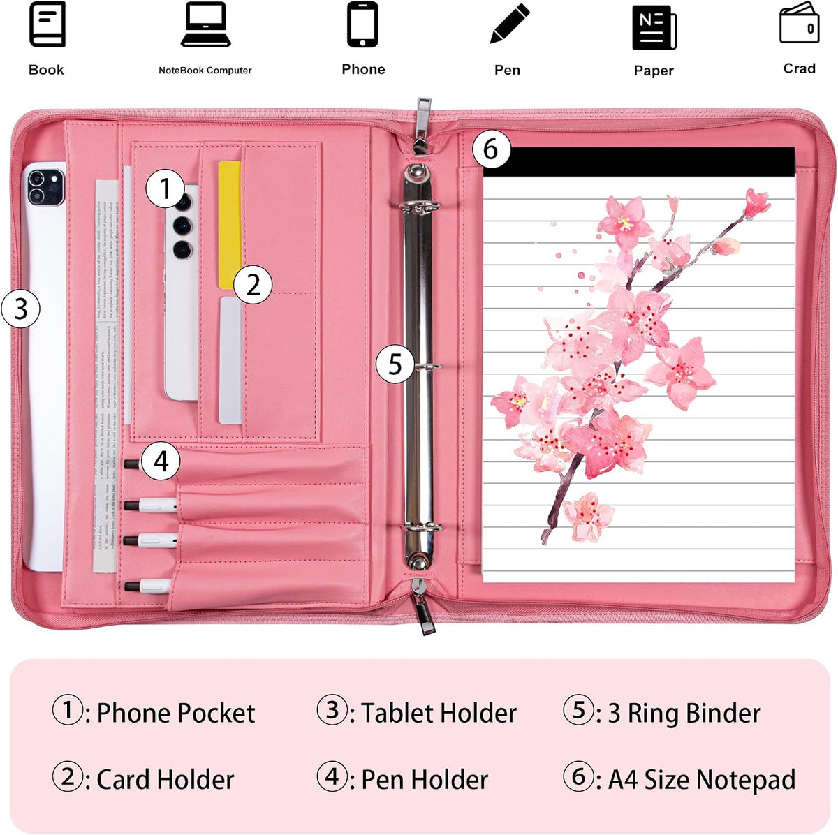 Fashionable Mesh Super Pink PU Padfolio, Vegan Leather Binder Portfolio for Women, 3 Ring Padfolio with Zipper, A4 Planner Binder Laptop Pocket, Legal Size Portfolio, Christmas Gift