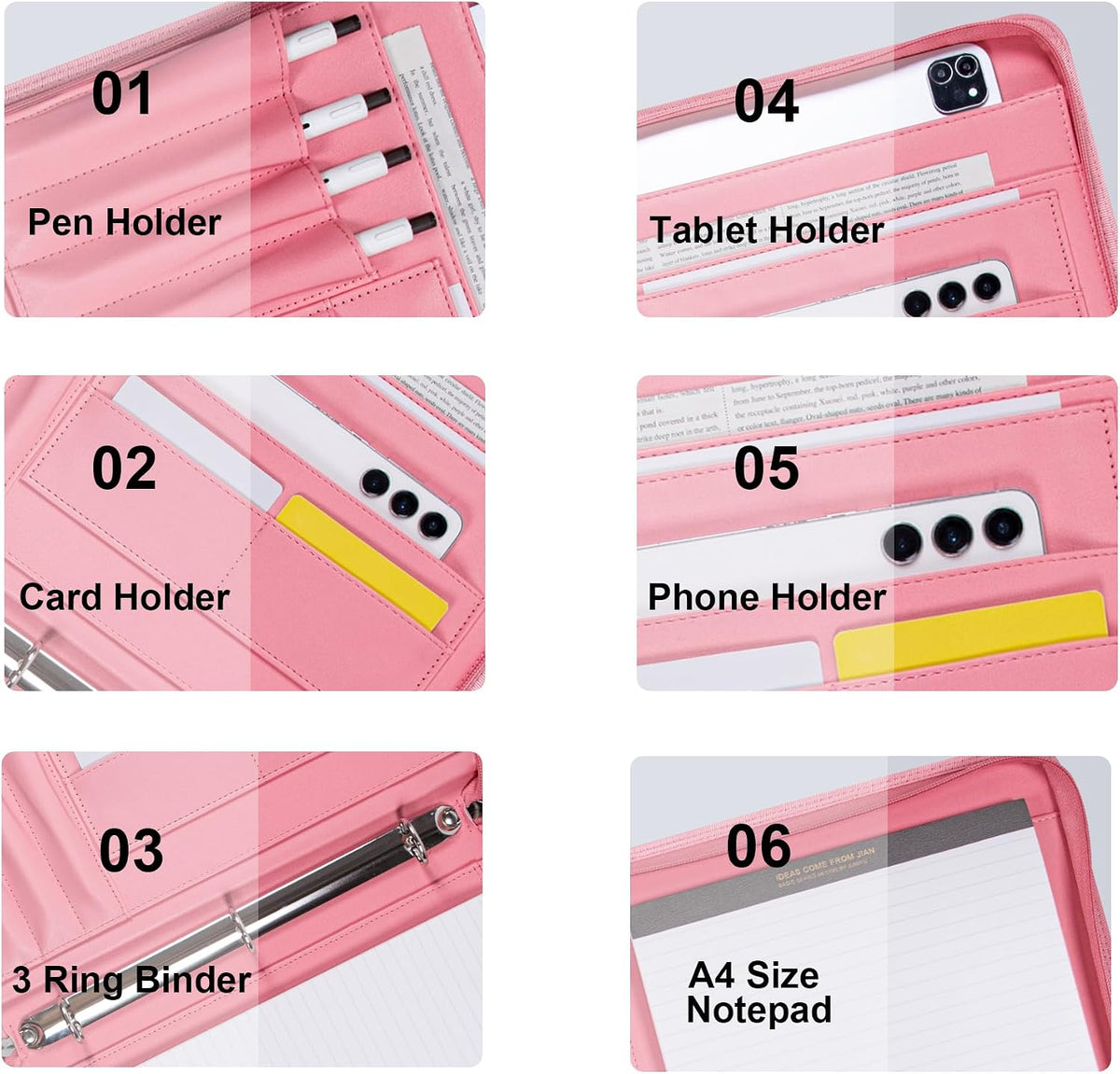 Fashionable Mesh Super Pink PU Padfolio, Vegan Leather Binder Portfolio for Women, 3 Ring Padfolio with Zipper, A4 Planner Binder Laptop Pocket, Legal Size Portfolio, Christmas Gift