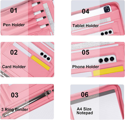 Fashionable Mesh Super Pink PU Padfolio, Vegan Leather Binder Portfolio for Women, 3 Ring Padfolio with Zipper, A4 Planner Binder Laptop Pocket, Legal Size Portfolio, Christmas Gift