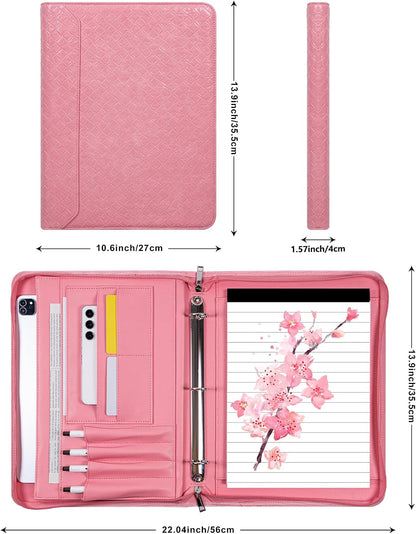 Fashionable Mesh Super Pink PU Padfolio, Vegan Leather Binder Portfolio for Women, 3 Ring Padfolio with Zipper, A4 Planner Binder Laptop Pocket, Legal Size Portfolio, Christmas Gift