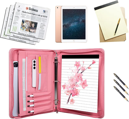 Fashionable Mesh Super Pink PU Padfolio, Vegan Leather Binder Portfolio for Women, 3 Ring Padfolio with Zipper, A4 Planner Binder Laptop Pocket, Legal Size Portfolio, Christmas Gift