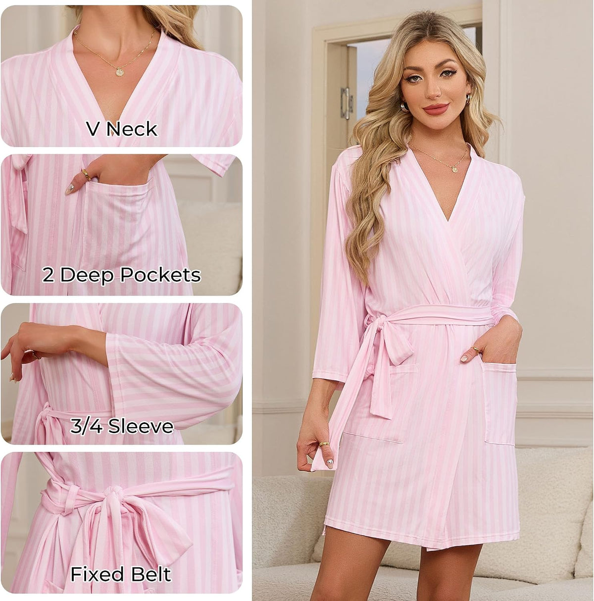 Short Robes for Women, Striped Lightweight Kimono Bathrobe for Spa