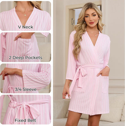 Short Robes for Women, Striped Lightweight Kimono Bathrobe for Spa