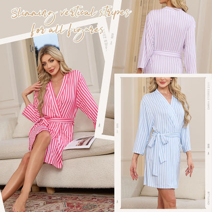 Short Robes for Women, Striped Lightweight Kimono Bathrobe for Spa