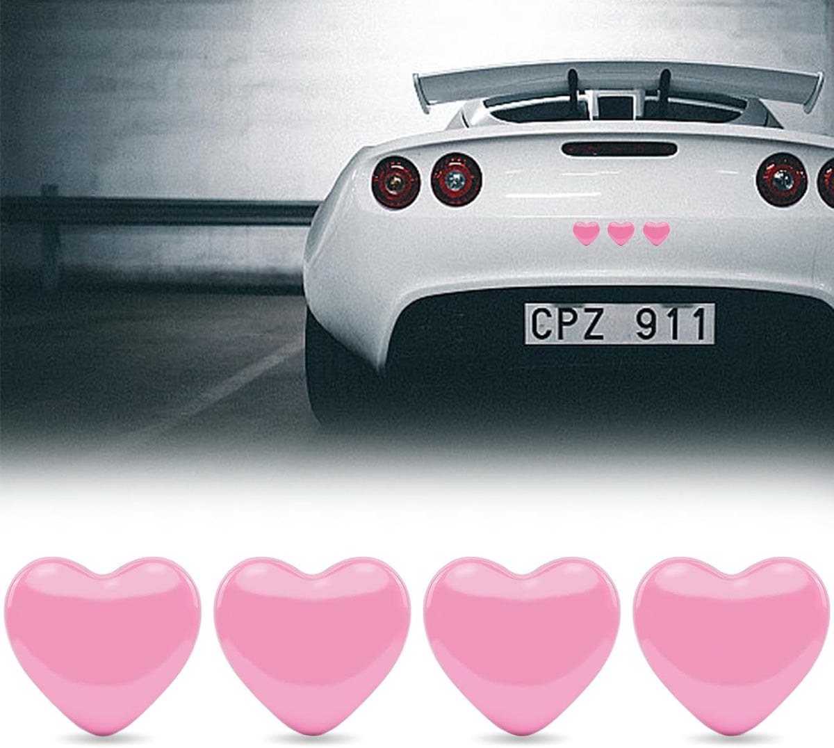 Heart Metal Car Emblem Stickers (4-Pack) - 1.1" Chrome Pink Adhesive Badges for Auto Exterior, Truck Tailgate, Vehicle Number Decoration - Waterproof Automotive Grade Stickers (Pink)