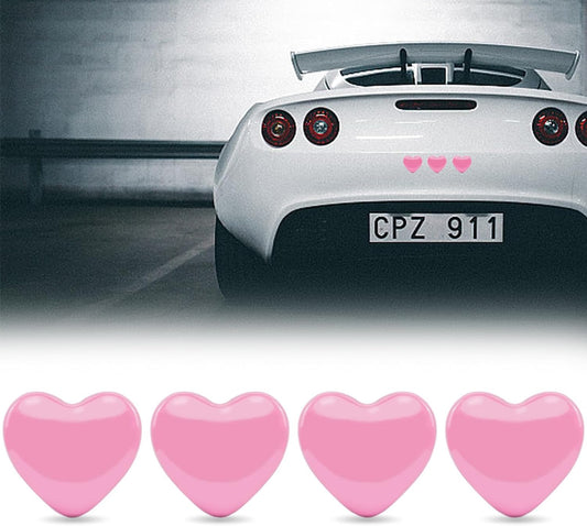 Heart Metal Car Emblem Stickers (4-Pack) - 1.1" Chrome Pink Adhesive Badges for Auto Exterior, Truck Tailgate, Vehicle Number Decoration - Waterproof Automotive Grade Stickers (Pink)