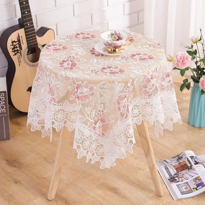 Retro Round Lace Tablecloth,36 Inch,White with Pink Flora