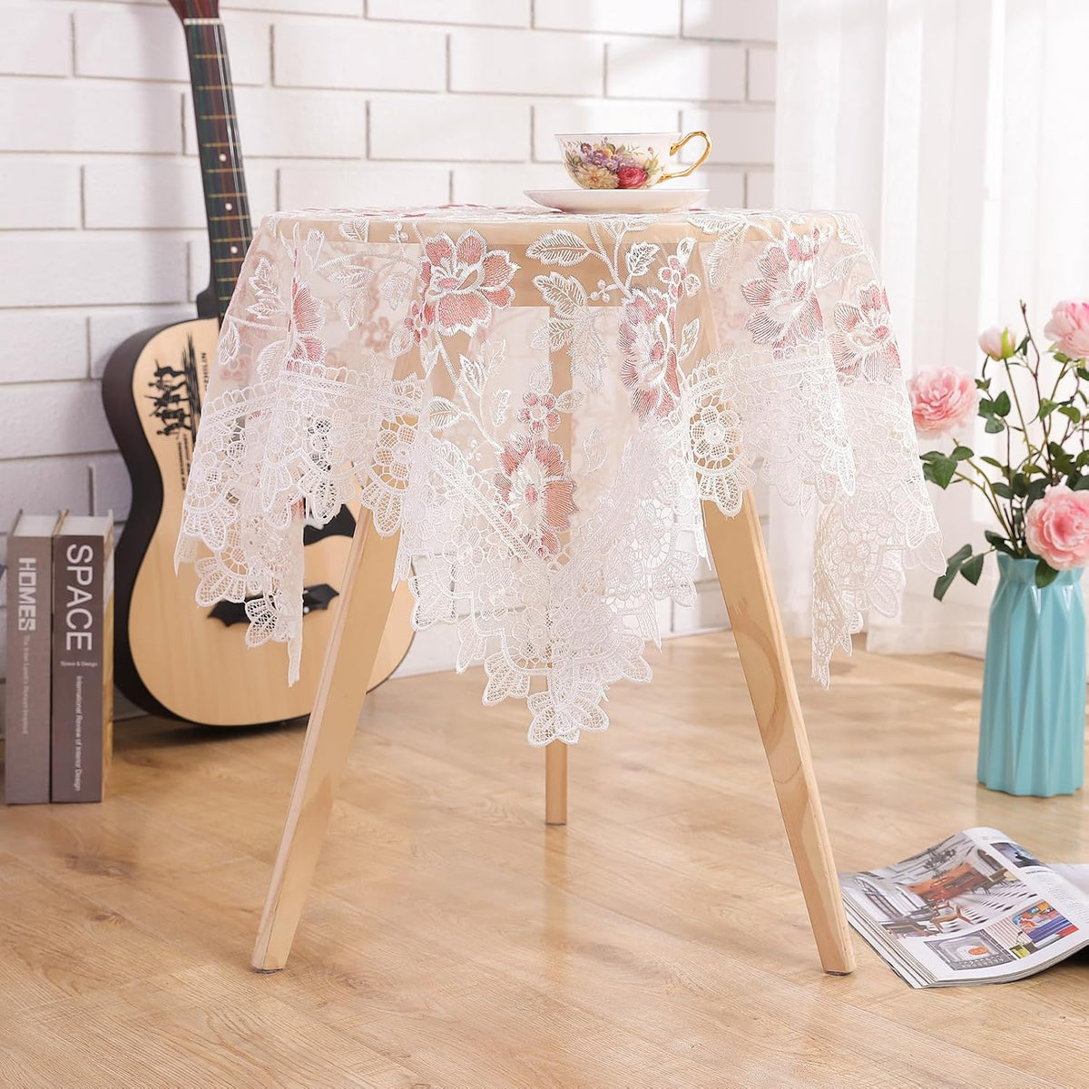 Retro Round Lace Tablecloth,36 Inch,White with Pink Flora