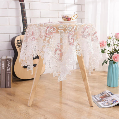 Retro Round Lace Tablecloth,36 Inch,White with Pink Flora