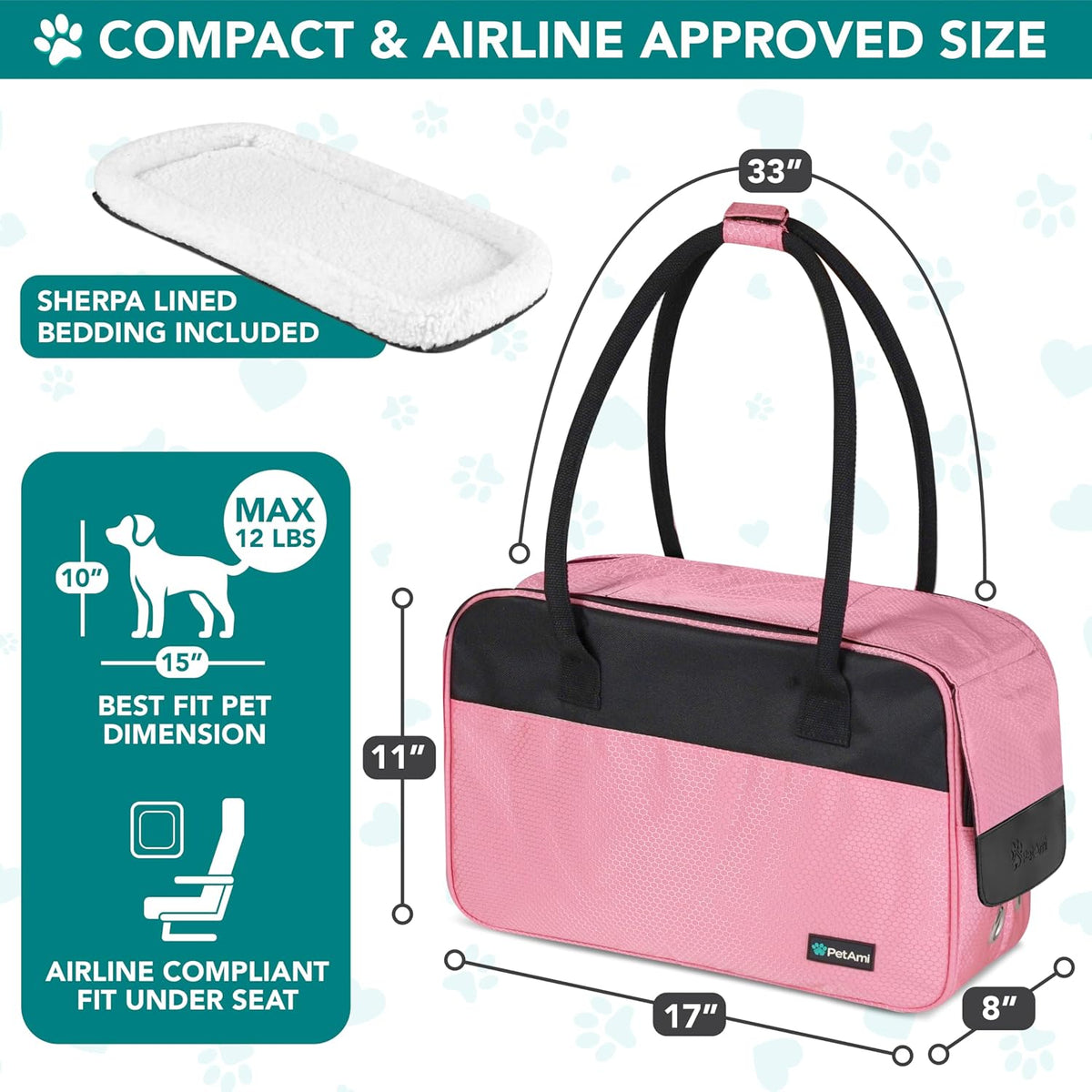 Small Dog Purse Carrier with Pockets, Airline Approved, Pink