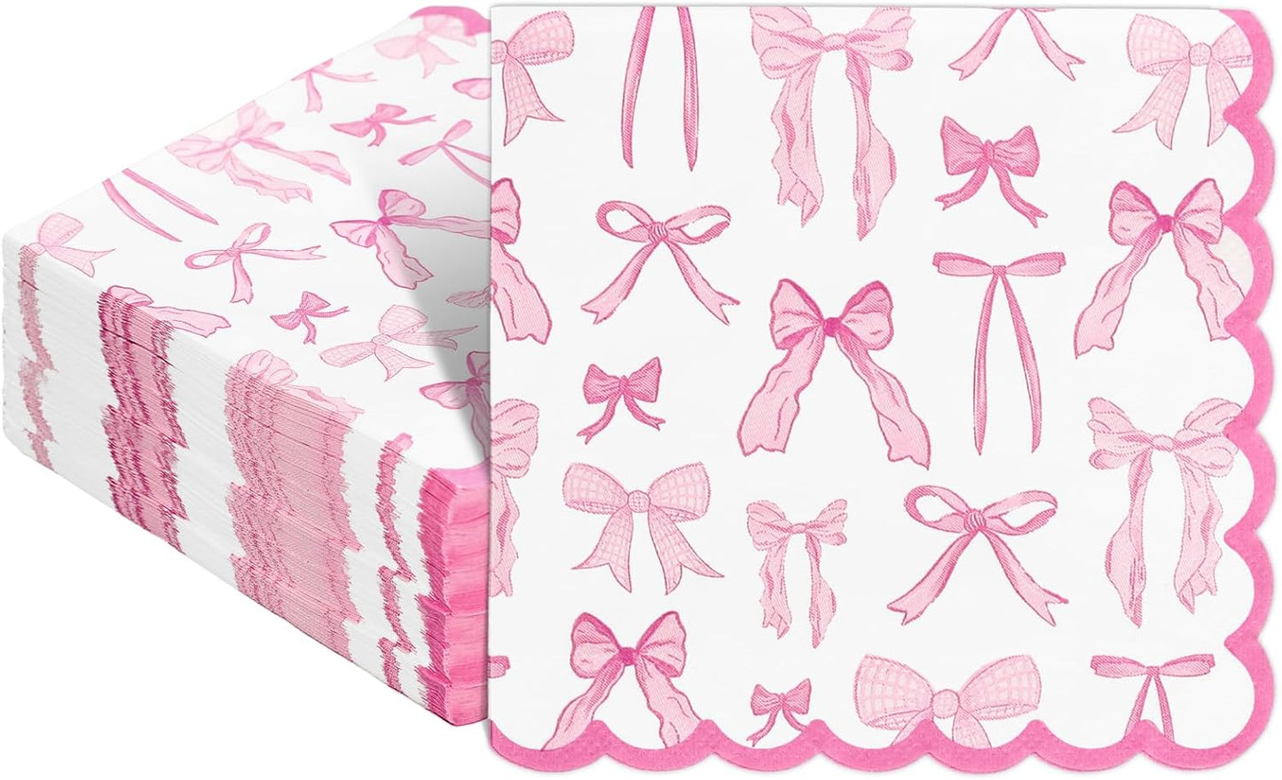 Whaline 100 Pcs Pink Bow Scalloped Cocktail Napkin Coquette Bowknot Paper Napkin Disposable Dessert Beverage Napkins for Holiday Wedding Baby Shower Birthday Bachelorette Party