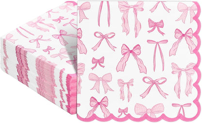 Whaline 100 Pcs Pink Bow Scalloped Cocktail Napkin Coquette Bowknot Paper Napkin Disposable Dessert Beverage Napkins for Holiday Wedding Baby Shower Birthday Bachelorette Party