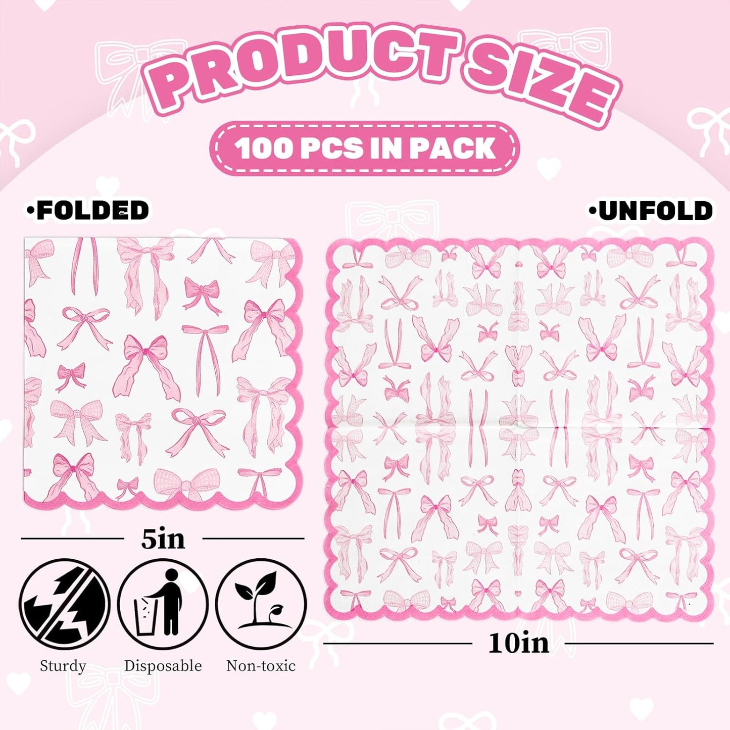 Whaline 100 Pcs Pink Bow Scalloped Cocktail Napkin Coquette Bowknot Paper Napkin Disposable Dessert Beverage Napkins for Holiday Wedding Baby Shower Birthday Bachelorette Party