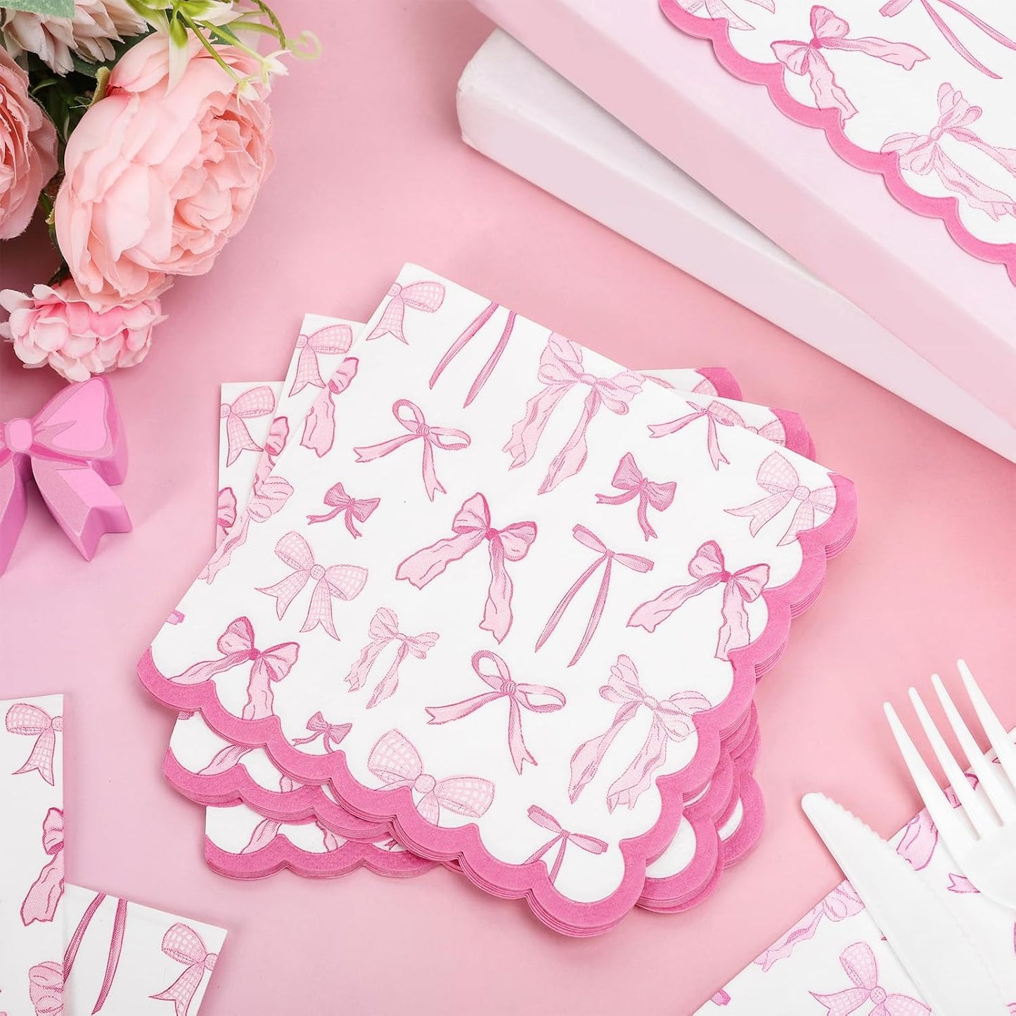 Whaline 100 Pcs Pink Bow Scalloped Cocktail Napkin Coquette Bowknot Paper Napkin Disposable Dessert Beverage Napkins for Holiday Wedding Baby Shower Birthday Bachelorette Party