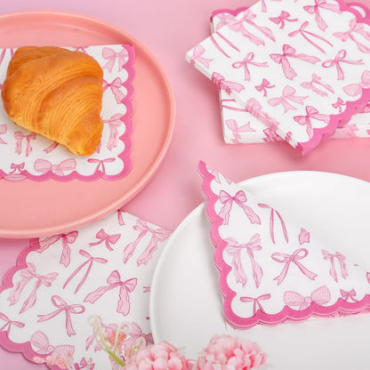 Whaline 100 Pcs Pink Bow Scalloped Cocktail Napkin Coquette Bowknot Paper Napkin Disposable Dessert Beverage Napkins for Holiday Wedding Baby Shower Birthday Bachelorette Party