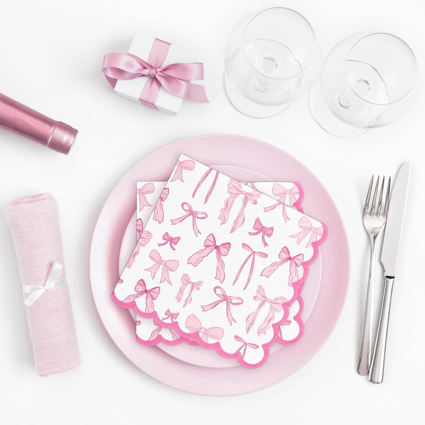 Whaline 100 Pcs Pink Bow Scalloped Cocktail Napkin Coquette Bowknot Paper Napkin Disposable Dessert Beverage Napkins for Holiday Wedding Baby Shower Birthday Bachelorette Party
