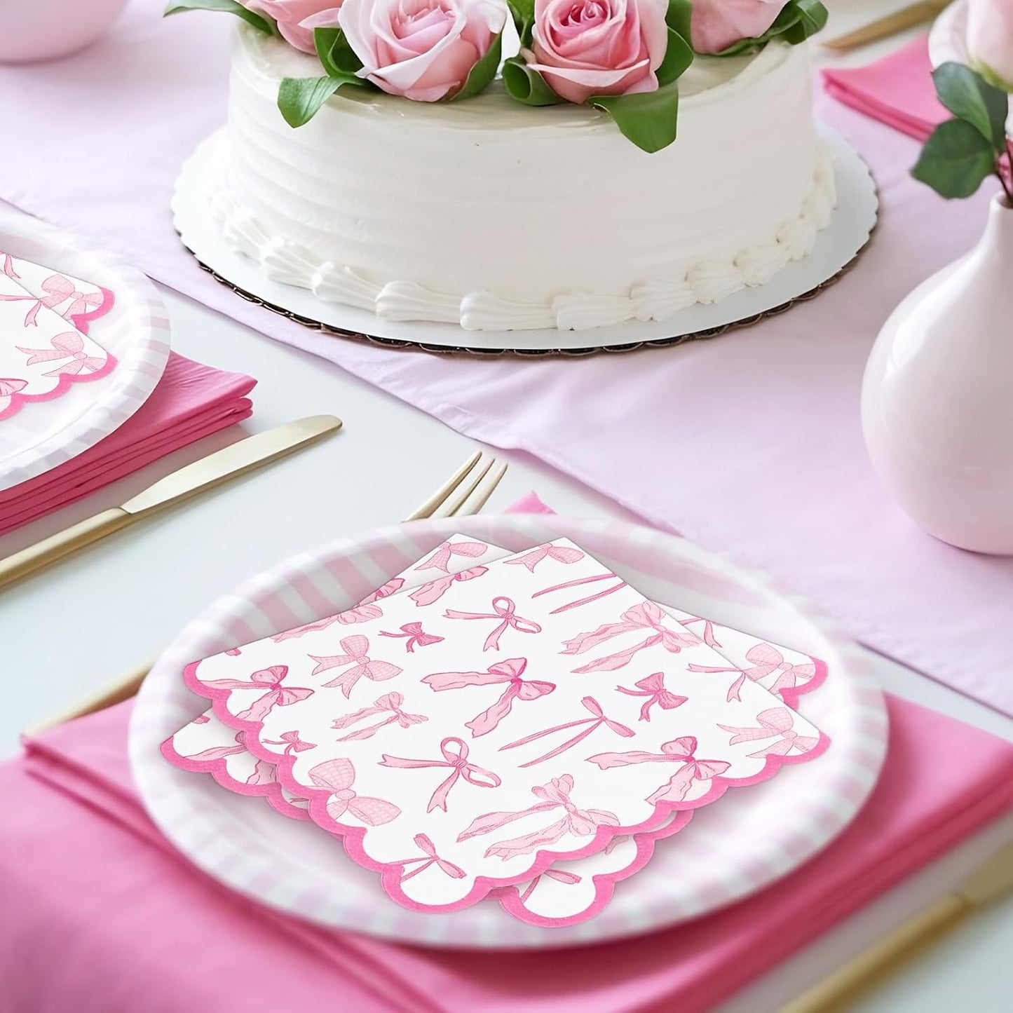Whaline 100 Pcs Pink Bow Scalloped Cocktail Napkin Coquette Bowknot Paper Napkin Disposable Dessert Beverage Napkins for Holiday Wedding Baby Shower Birthday Bachelorette Party