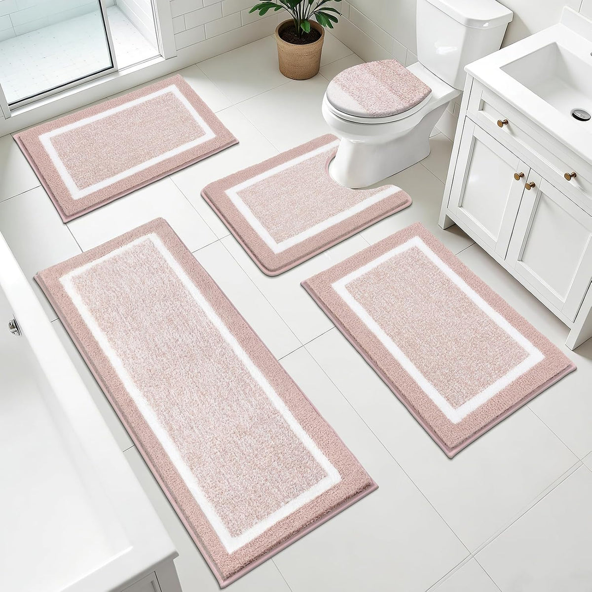 Bathroom Rugs Set 5 Piece, Non Slip Microfiber Bath Mat, Dusty Pink