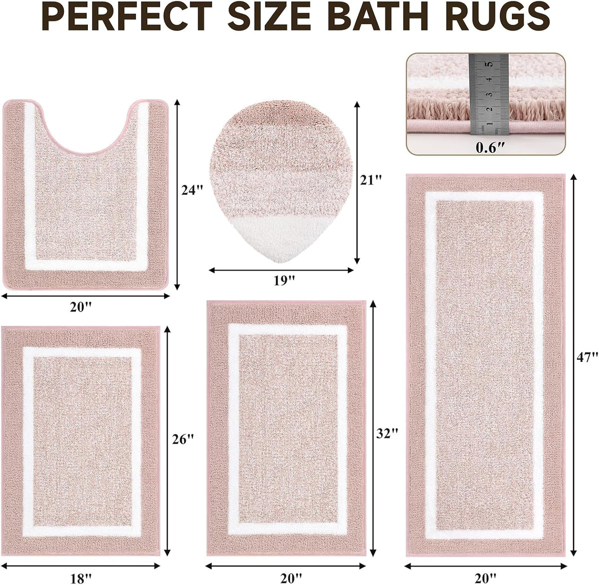 Bathroom Rugs Set 5 Piece, Non Slip Microfiber Bath Mat, Dusty Pink