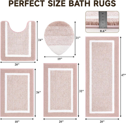 Bathroom Rugs Set 5 Piece, Non Slip Microfiber Bath Mat, Dusty Pink