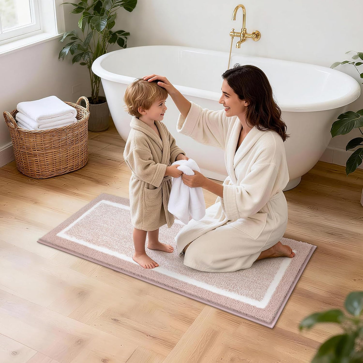 Bathroom Rugs Set 5 Piece, Non Slip Microfiber Bath Mat, Dusty Pink