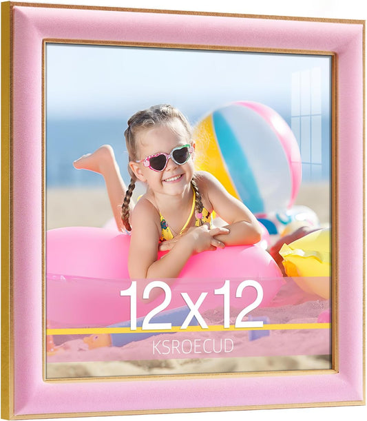 12x12 Velvet Picture Frame, Pink 12x12 Velvet Photo Frame with Vintage Gold Border, 12 by 12 Poster Frame with HD Real Glass Horizontal & Vertical Display for Tabletop and Wall Decor (1 Pack)