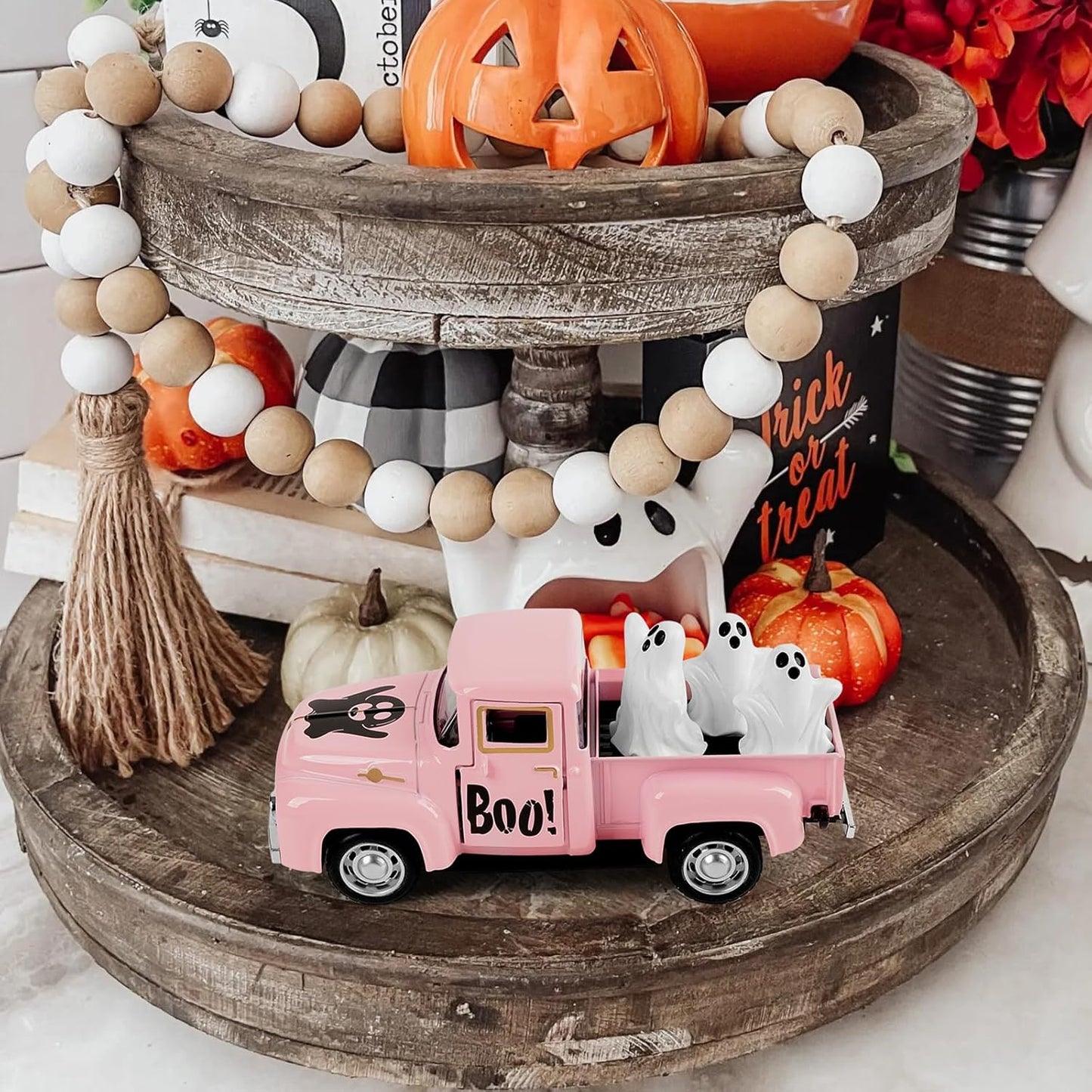 Pink Halloween Truck Decor, Ghost Pickup for Farmhouse Tabletop Decor