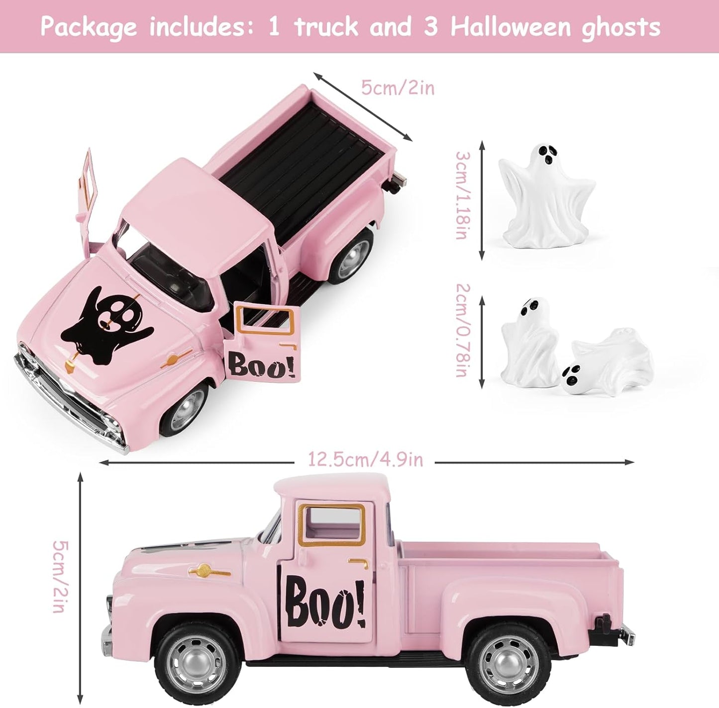 Pink Halloween Truck Decor, Ghost Pickup for Farmhouse Tabletop Decor