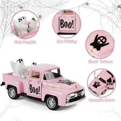 Pink Halloween Truck Decor, Ghost Pickup for Farmhouse Tabletop Decor