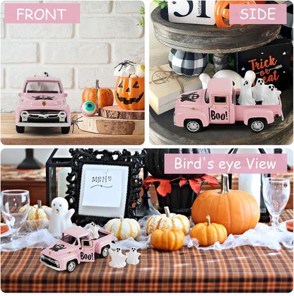 Pink Halloween Truck Decor, Ghost Pickup for Farmhouse Tabletop Decor