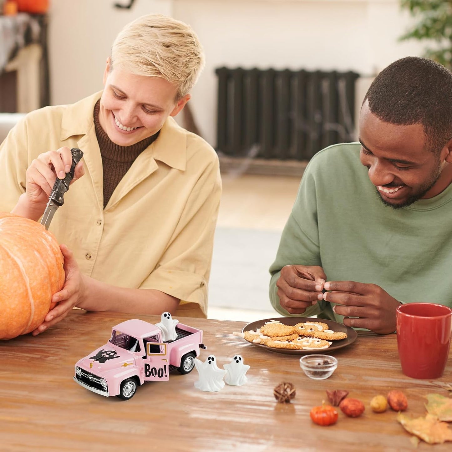 Pink Halloween Truck Decor, Ghost Pickup for Farmhouse Tabletop Decor
