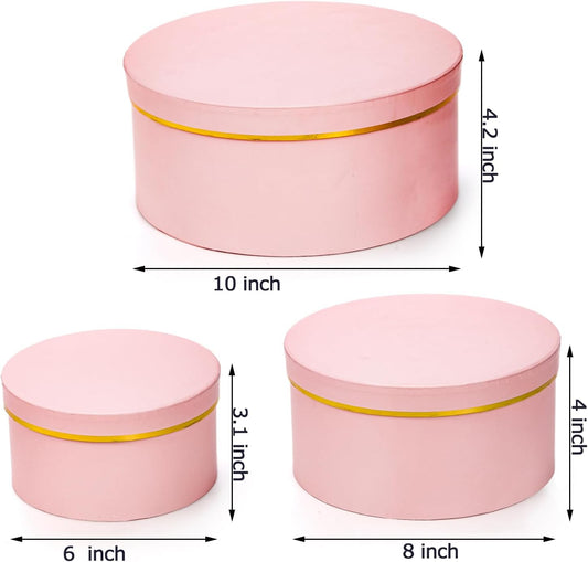 3 Pcs Round Gift Boxes with Lid, Pink Flower Box with Golden Rim Nested Party Favor Boxes for Flower Arrangement, Birthday, Wedding, Christians, Anniversary, Pink, 3 Sizes