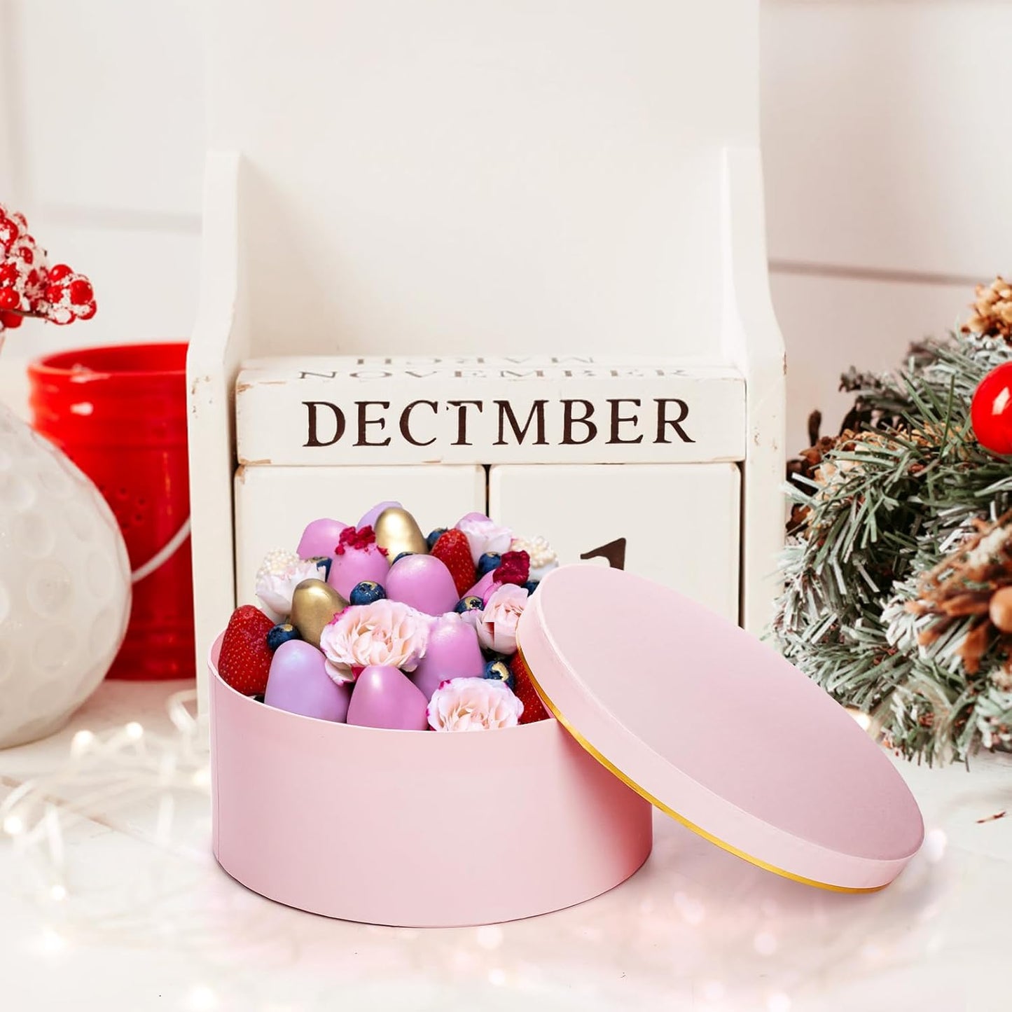 3 Pcs Round Gift Boxes with Lid, Pink Flower Box with Golden Rim Nested Party Favor Boxes for Flower Arrangement, Birthday, Wedding, Christians, Anniversary, Pink, 3 Sizes