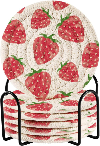 Coasters for Drink Watercolor Pink Sweet Strawberry Coaster Set with Metal Holder Cotton Woven Coaster for Coffee Table Bistro Home Kitchen Island Holiday Housewarming Gift 6 Pack