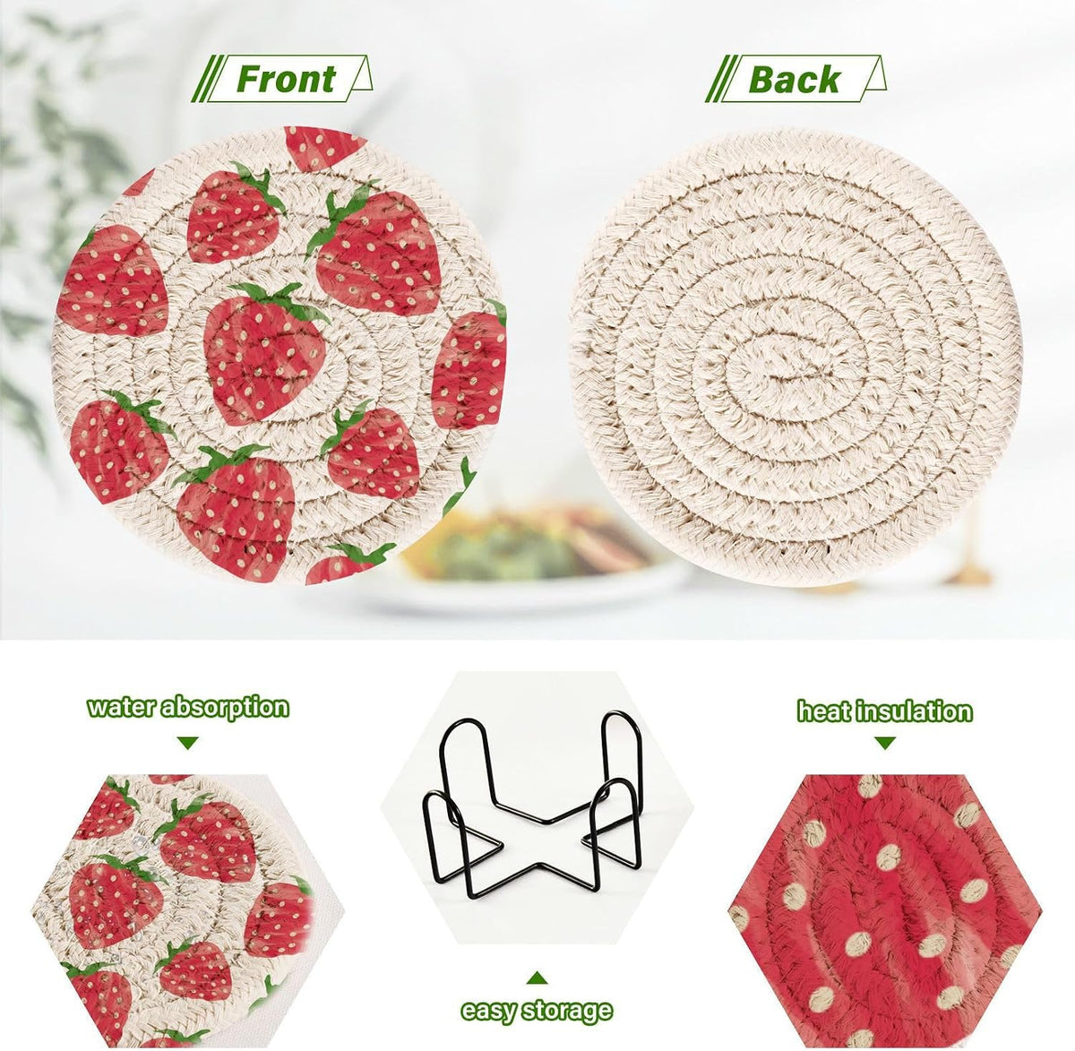 Coasters for Drink Watercolor Pink Sweet Strawberry Coaster Set with Metal Holder Cotton Woven Coaster for Coffee Table Bistro Home Kitchen Island Holiday Housewarming Gift 6 Pack