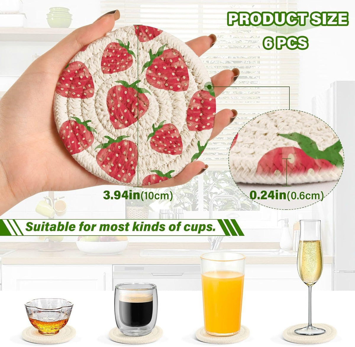 Coasters for Drink Watercolor Pink Sweet Strawberry Coaster Set with Metal Holder Cotton Woven Coaster for Coffee Table Bistro Home Kitchen Island Holiday Housewarming Gift 6 Pack