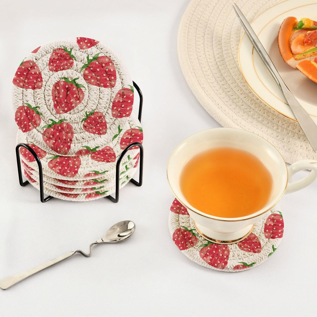 Coasters for Drink Watercolor Pink Sweet Strawberry Coaster Set with Metal Holder Cotton Woven Coaster for Coffee Table Bistro Home Kitchen Island Holiday Housewarming Gift 6 Pack