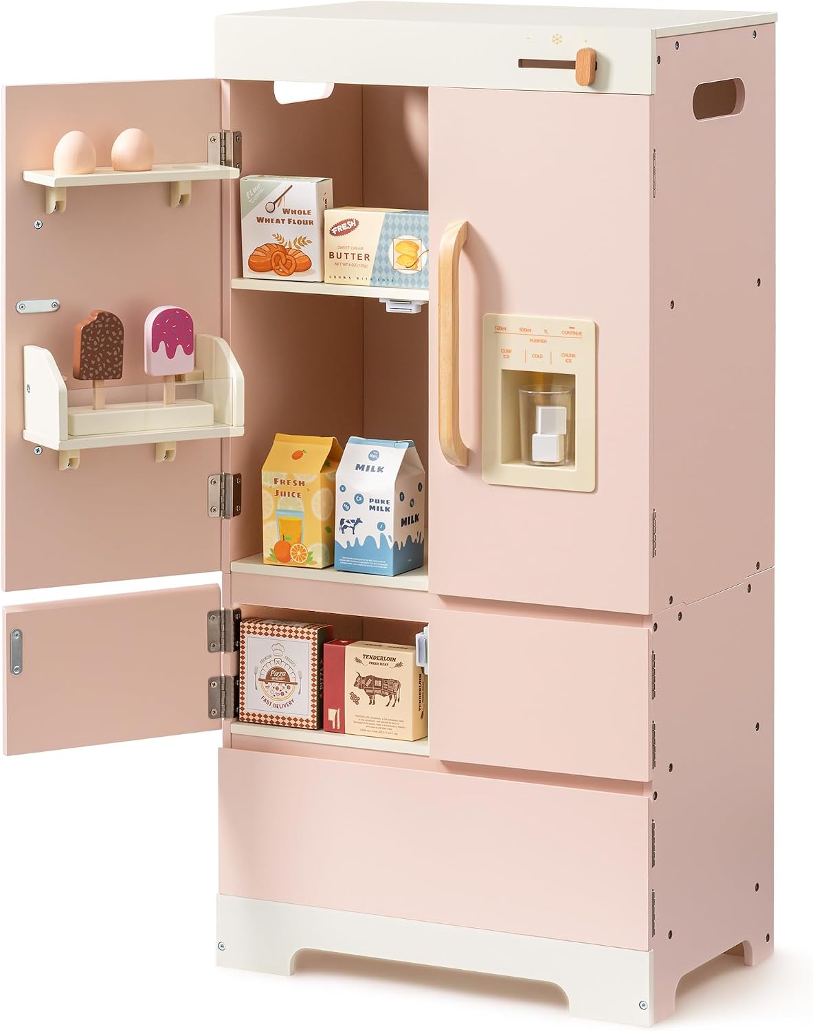 ROBOTIME Wooden Play Kitchen Fridge for Toddlers, Pink,18in × 36in